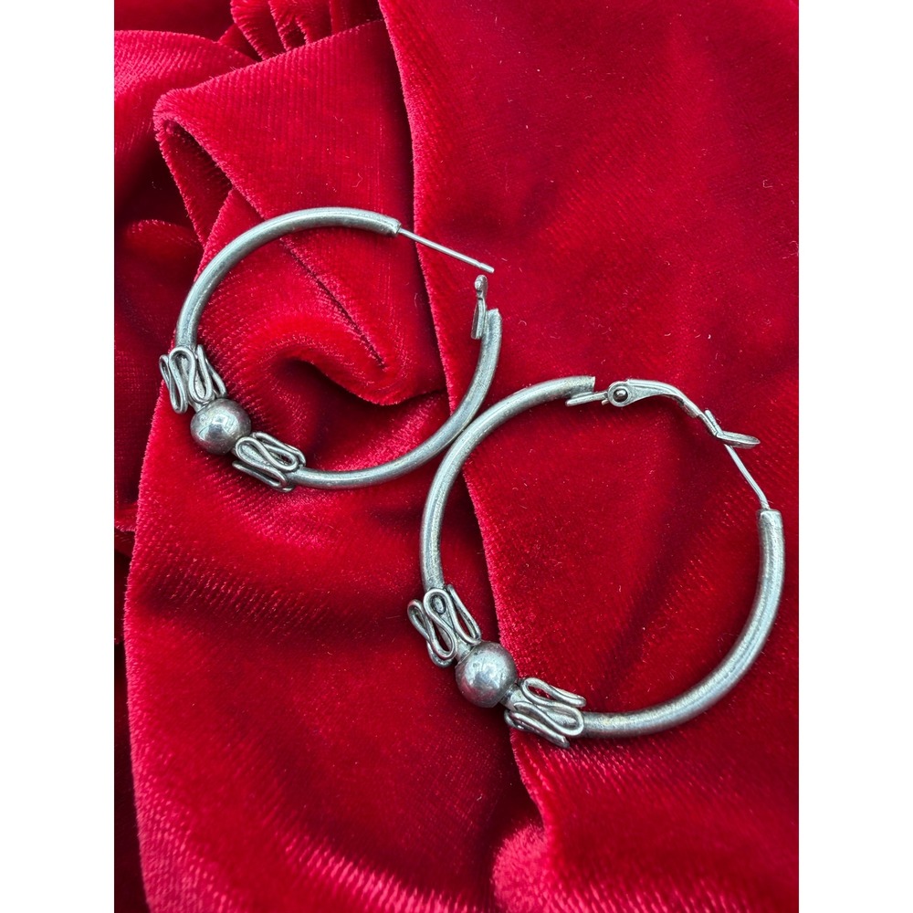 Vintage Sterling Silver Hoop Earrings Artisan Ball Wire Wrapped Boho Latch Back